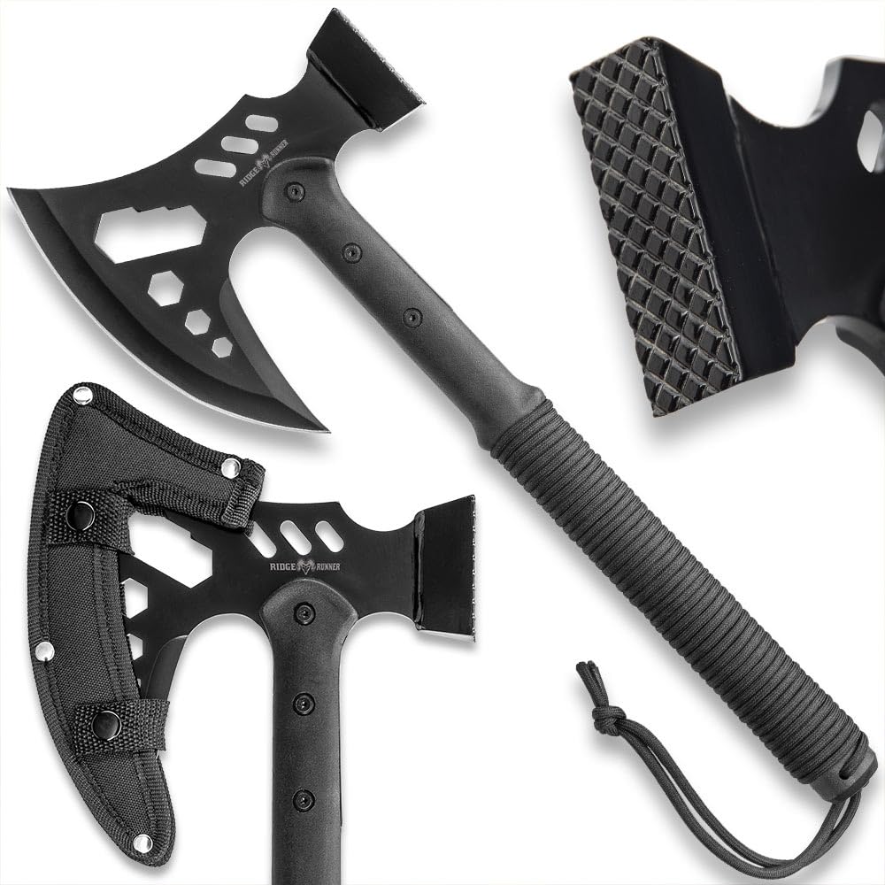 RIDGE RUNNER Tactical Multi-Tool Hammer and Axe with Sheath - Stainless Steel Head Has Integrated Hex Wrenches Paracord-Wrapped TPU Handle - Perfect for Survival and Camping Gear - Length 18"