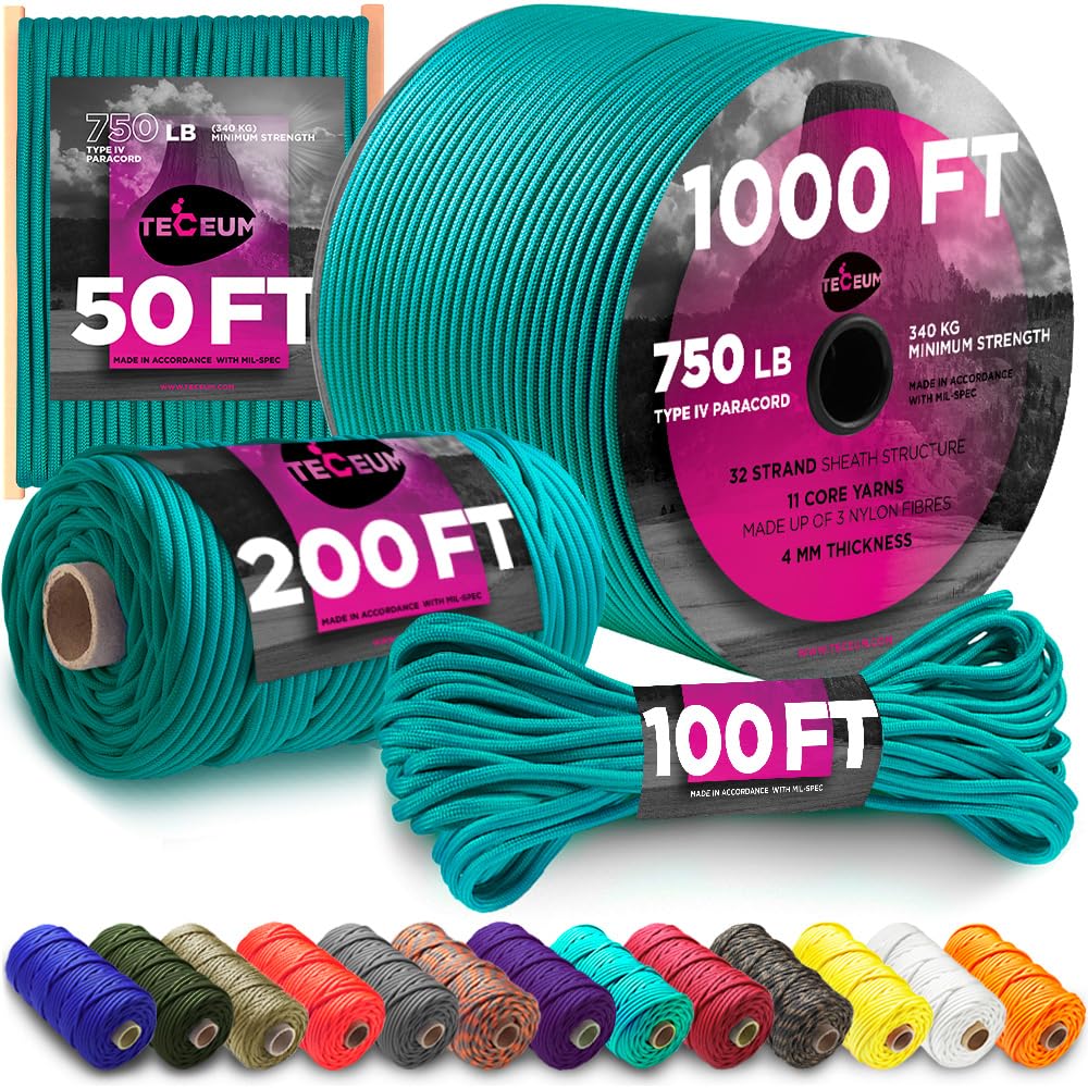 TECEUM Paracord Type IV 750 lb Green Wave – 200 ft – 4mm – 100% Nylon Strong Tactical MIL–SPEC Parachute Cord – Survival Rope Emergency para Cord 11 Strands Core EDC Camping Hiking Military Gear 460a