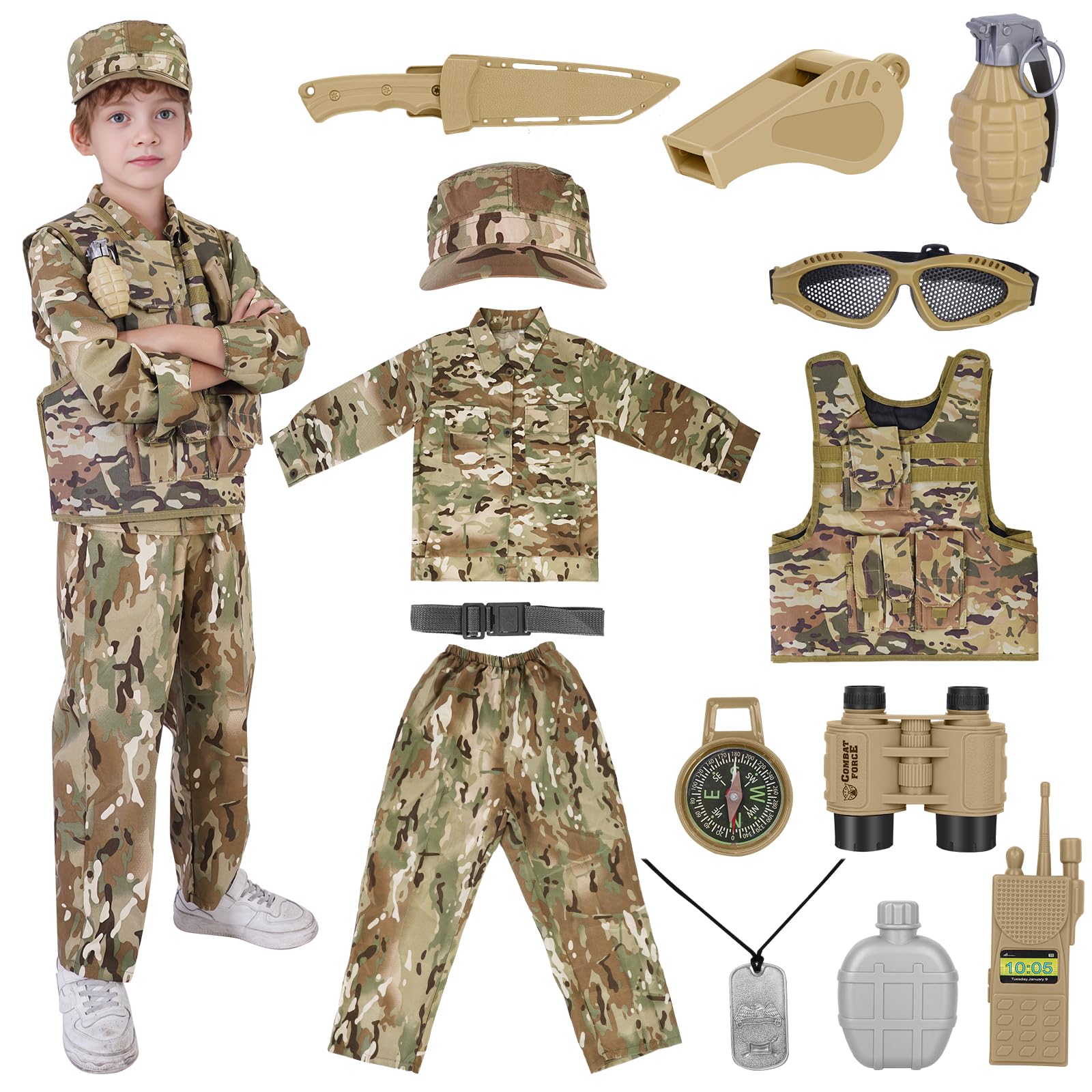 TOYMNI Army Costume for Kids Boys Military Soldier Costume with Tactical Camouflage Vest and Army Toy Accessories Gear Halloween Kids Dress Up Costumes for Boys 4-7 M Size