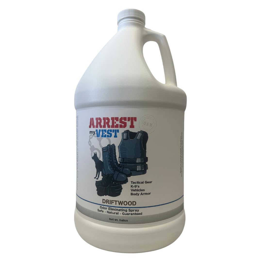 Arrest My Vest Military Grade Odor Eliminating Spray for Body Armor Tactical Gear and K9 Equipment. Safe on All Ballistic Vests Fabrics & Police Gear - Driftwood Fragrance - 1 Gallon Bottle