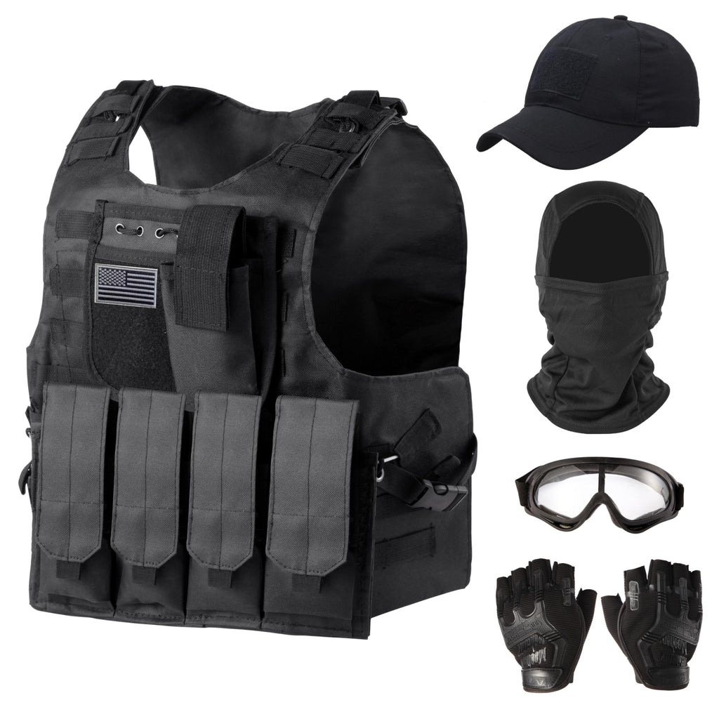 Ouraqto Tactical Vest Set for Men Airsoft Paintball Vest Airsoft Gear and Equipment with HatGloveVisorGoggles（Black）