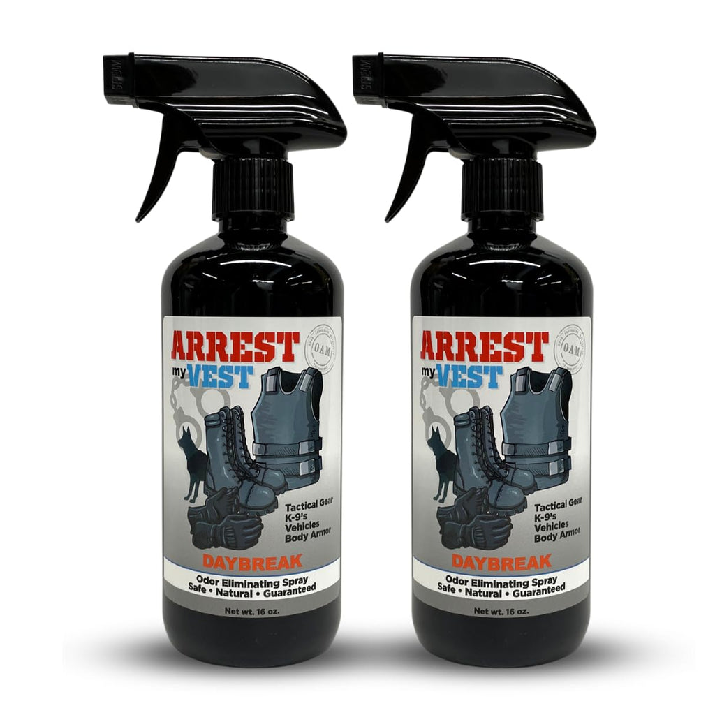 Arrest My Vest Military Grade Odor Eliminating Spray for Body Armor Tactical Gear and K9 Equipment. Safe on All Ballistic Vests Fabrics & Police Gear - Daybreak Fragrance - 2 16 oz Bottles