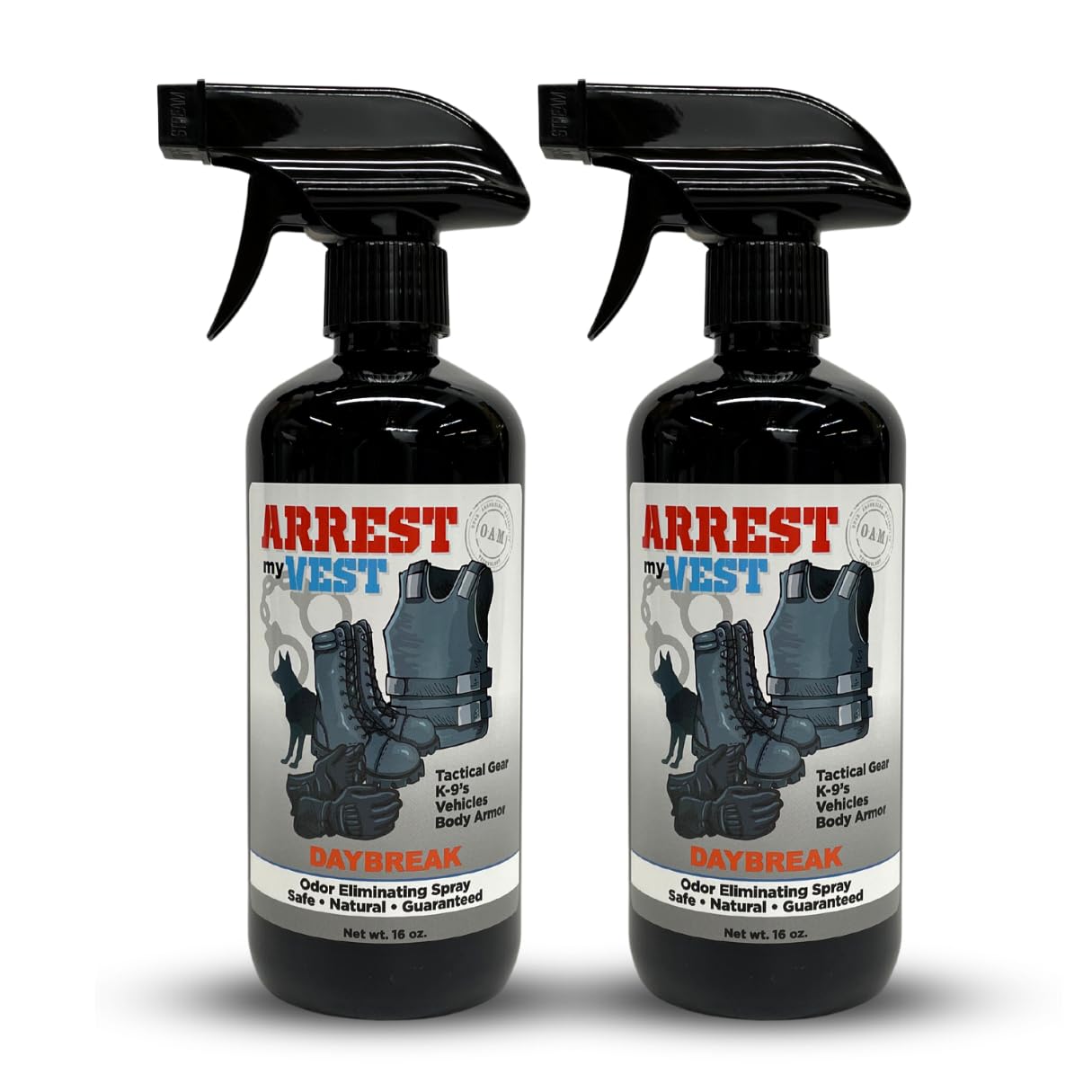 Arrest My Vest Military Grade Odor Eliminating Spray for Body Armor Tactical Gear and K9 Equipment. Safe on All Ballistic Vests Fabrics & Police Gear - Daybreak Fragrance - 2 16 oz Bottles