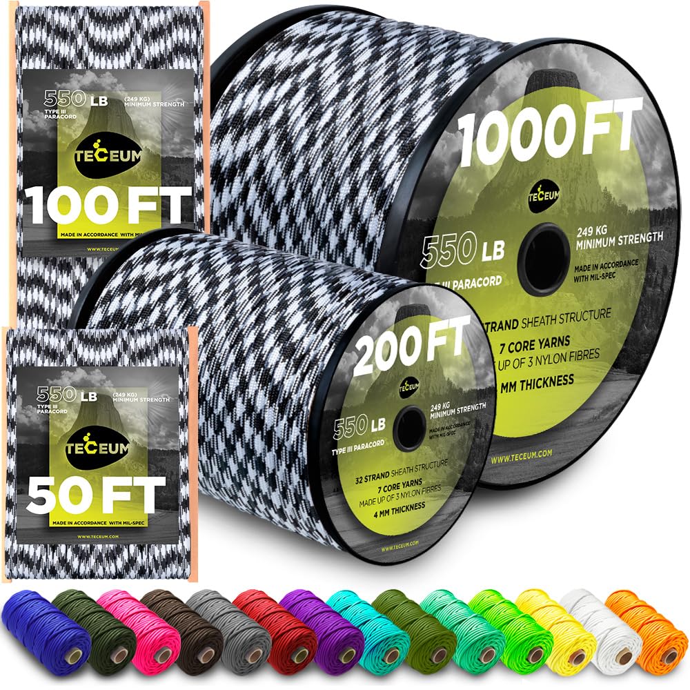 TECEUM Paracord Type III 550 Urban Camo – 100 ft – 4mm – Tactical Rope MIL-SPEC – Outdoor para Cord –Camping Hiking Fishing Gear and Equipment – EDC Parachute Cord – Strong Survival Rope